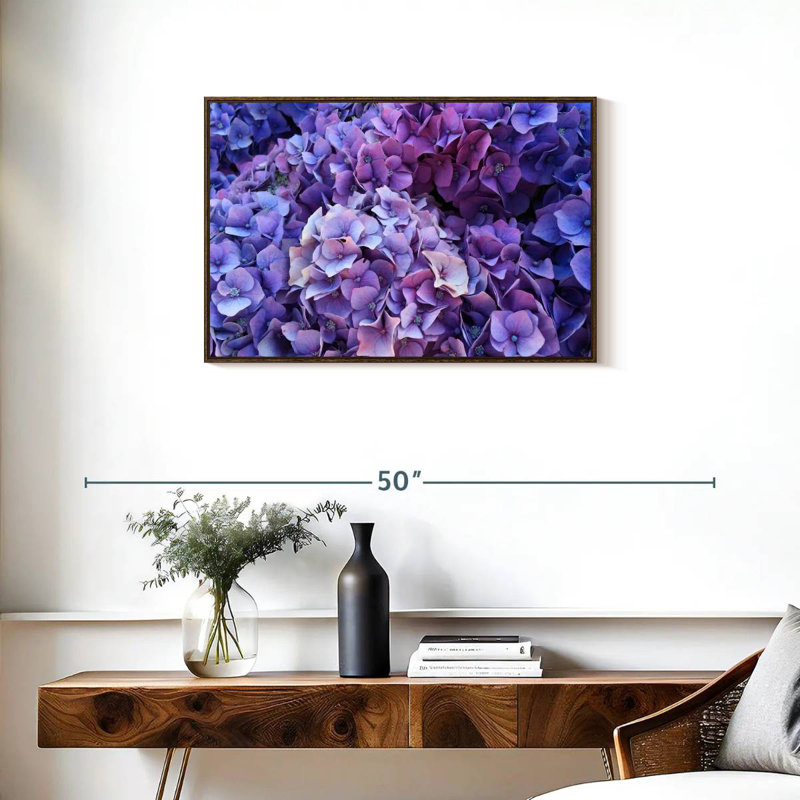 Grappes d'hortensias mauves, 46 po x 31 po, Cadre flottant noyer