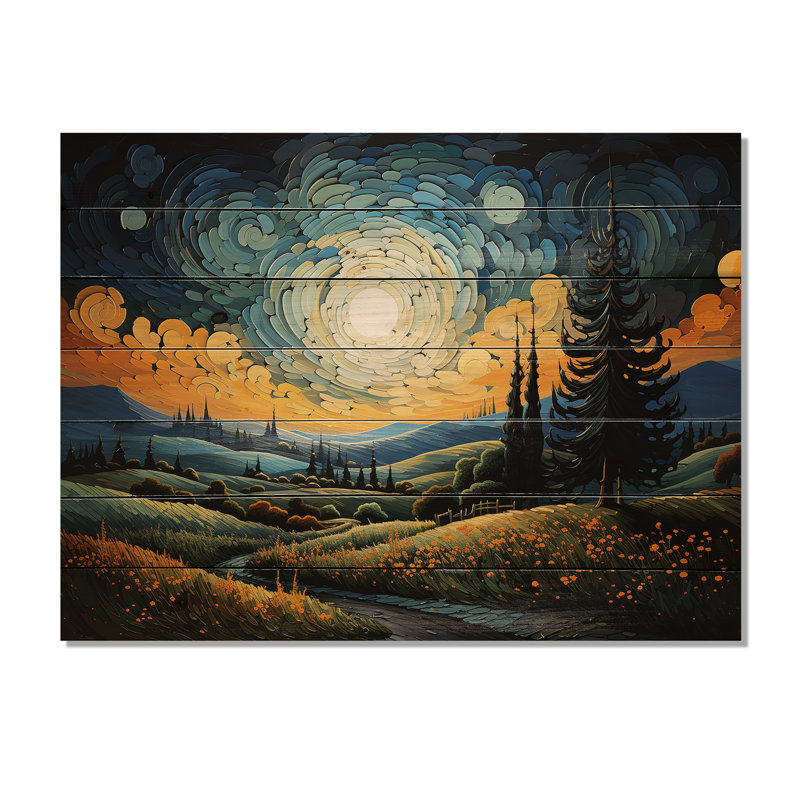 Vangogh le cyprès se balançant III - impression sans cadre sur bois, H 30 po x l 40 po x P 0,78 po