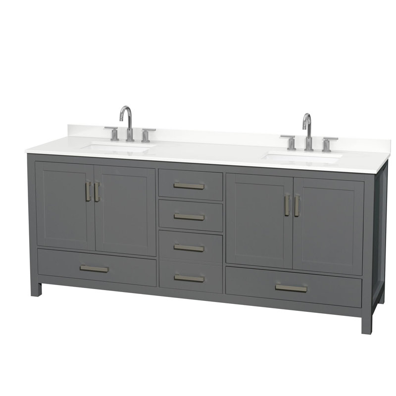 Meuble-lavabo double autoportant 80 po avec plateau en quartz Sheffield, Gris foncé, Quartz blanc