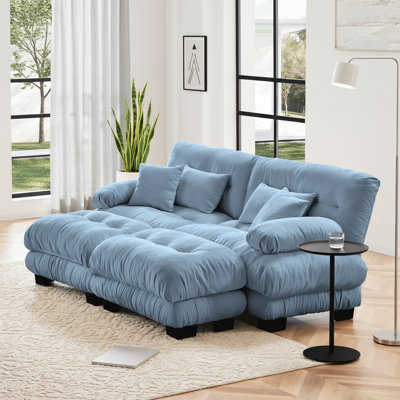 Cloud Couch Sleeper Sofa For Living Room, Chenille 2 Seater Sofa With 2 Lumbar Pillows And 2 Throw Pillows , Upholstered Wide Arm Sofa With 2 Ottomans,Chenille Blue