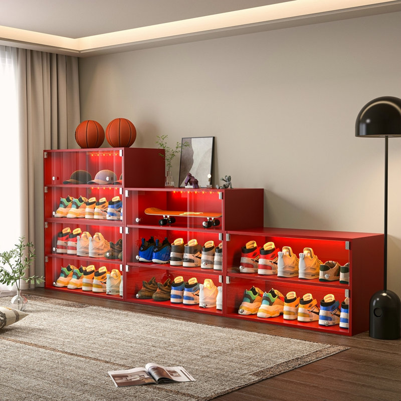 Boîte à chaussures à DEL avec trois couches et portes en verre, Rouge