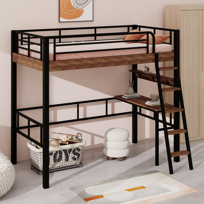 Metal  Loft Bed With Built-In Desk, Storage Shelf And Ladder, Space-Saving Design, Twin