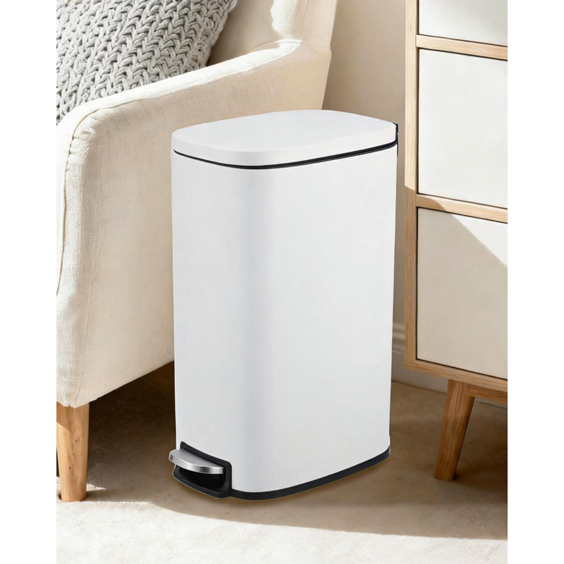 Poubelle de cuisine mince de 13 gallons – Poubelle étroite en acier inoxydable avec seau intérieur amovible et couvercle à fermeture douce et silencieuse, poubelle compacte pour salle de bain, bureau et cuisine (blanche)