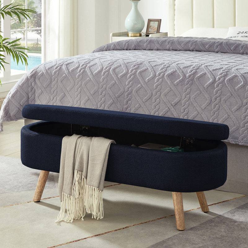 Luxury Oval Boucle Storage Ottoman Bench With Wood Legs 350Lb Weight Capacity & Safety Hinge(Only Includs Bench), Navy Blue