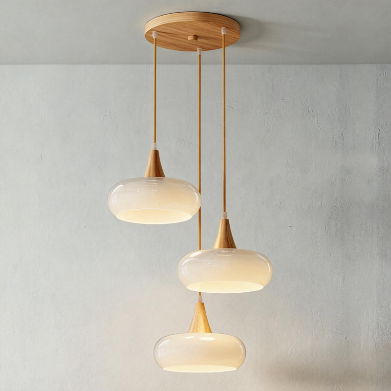 Luminaire suspendu moderne en dôme en bois avec longueur de suspension réglable et abat-jour en verre 3 lumières orange