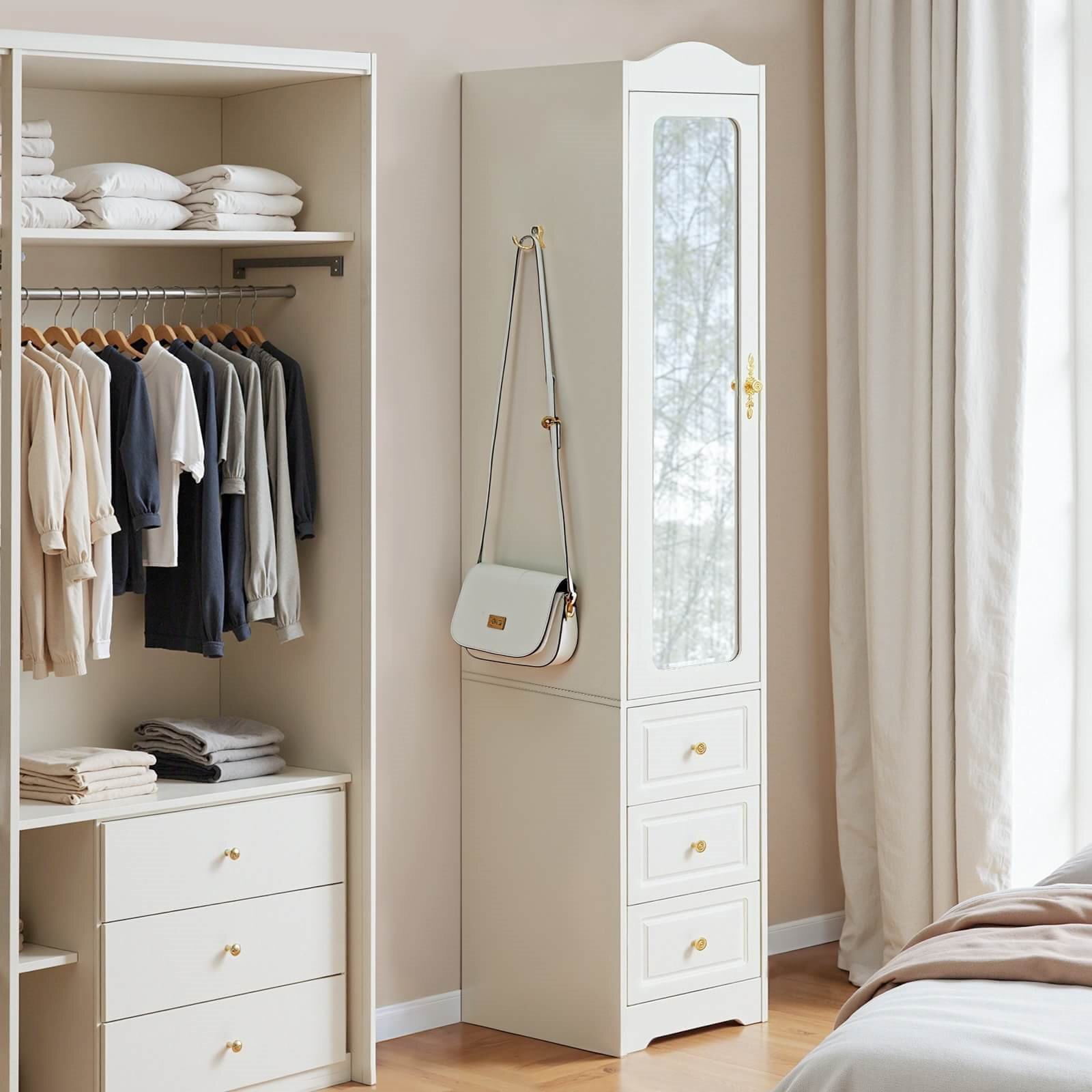 Yerai Armoires Wardrobe Closet & Wardrobe Cabinet with 3 Drawers and Mirror & Storage Cabinet With Hanging Rod & Sensor Light