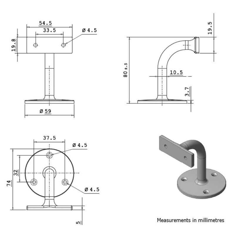 4-Pack Heavy Duty Handrail Brackets For Stair Railings, Steel Handrails - Polished Chrome