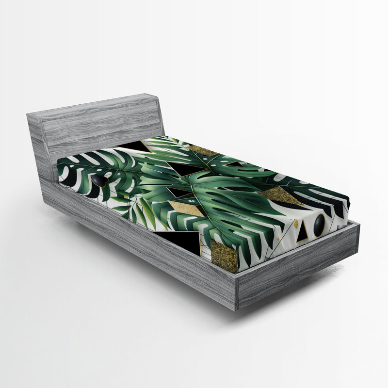 Drap-housse Ambesonne Monstera_ Art abstrait bohème_ Gris foncé émeraude, Drap-housse simple TG