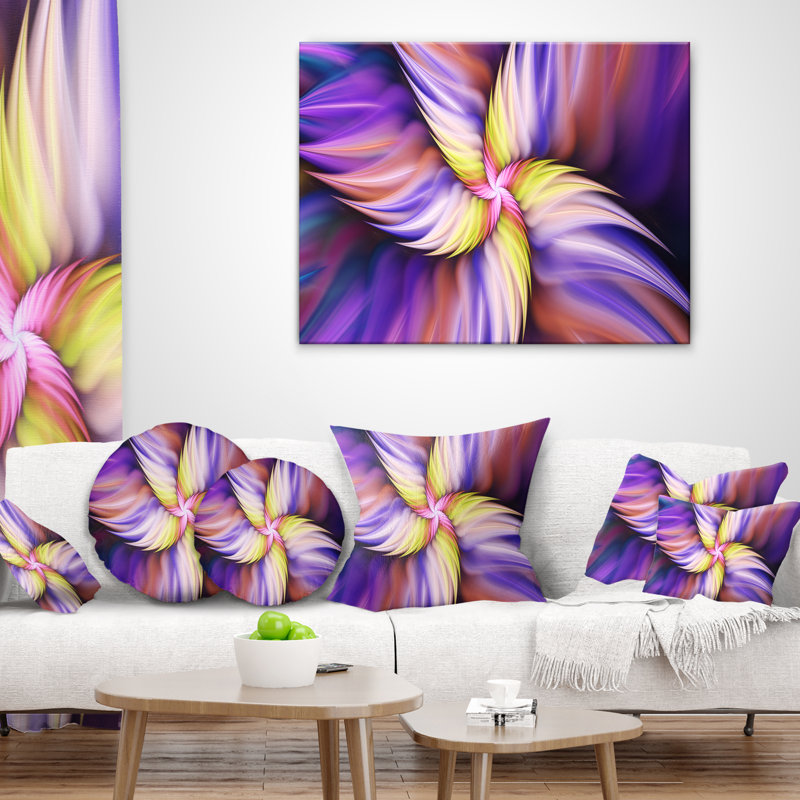 Énorme fleur rotative - coussin à imprimé floral, 16 po x 1 po, Mauve/jaune