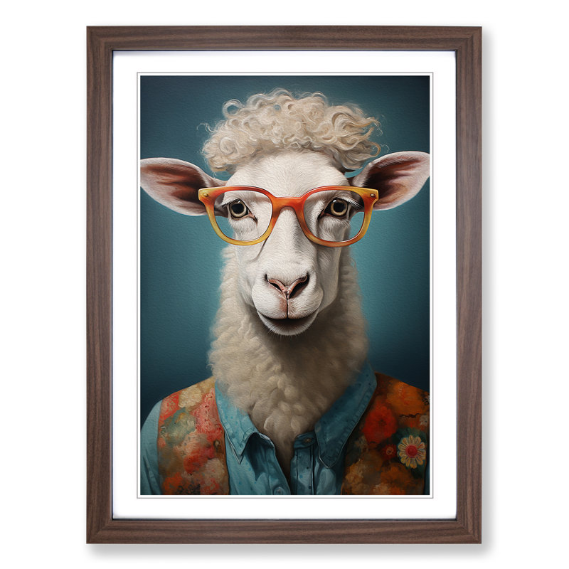 Sheep with Glasses Painting - Framed Print, Walnut Framed, 34cm H x 25cm W x 2cm D