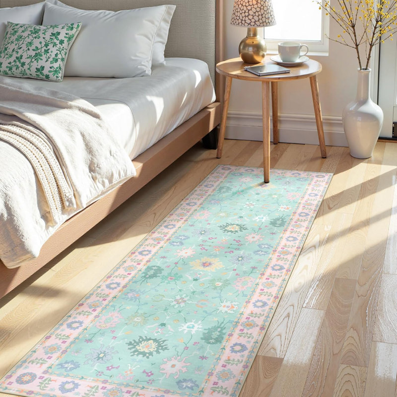 Kaldi Washable Oushak Rug, Non Slip Area Rug for Bedroom, Floral Boho Rugs Vintage Mat,Soft Rug, Runner 2' x 6'
