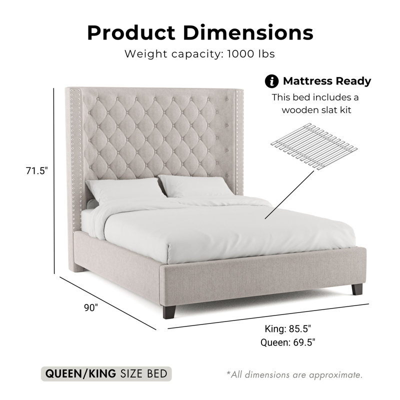 Charette Upholstered Wingback Bed, King, Ivory