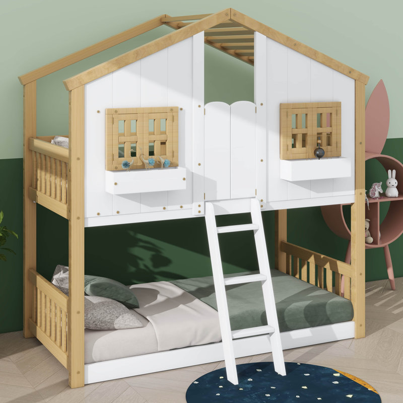 Twin-On-Twin House-Themed Bunk Bed Complete With Roof Window Door Safety Guardrails And Ladder, Natural/White