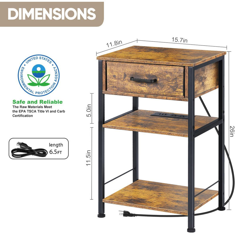 Aaditya End Table with Storage and Built-In Outlets, Brown