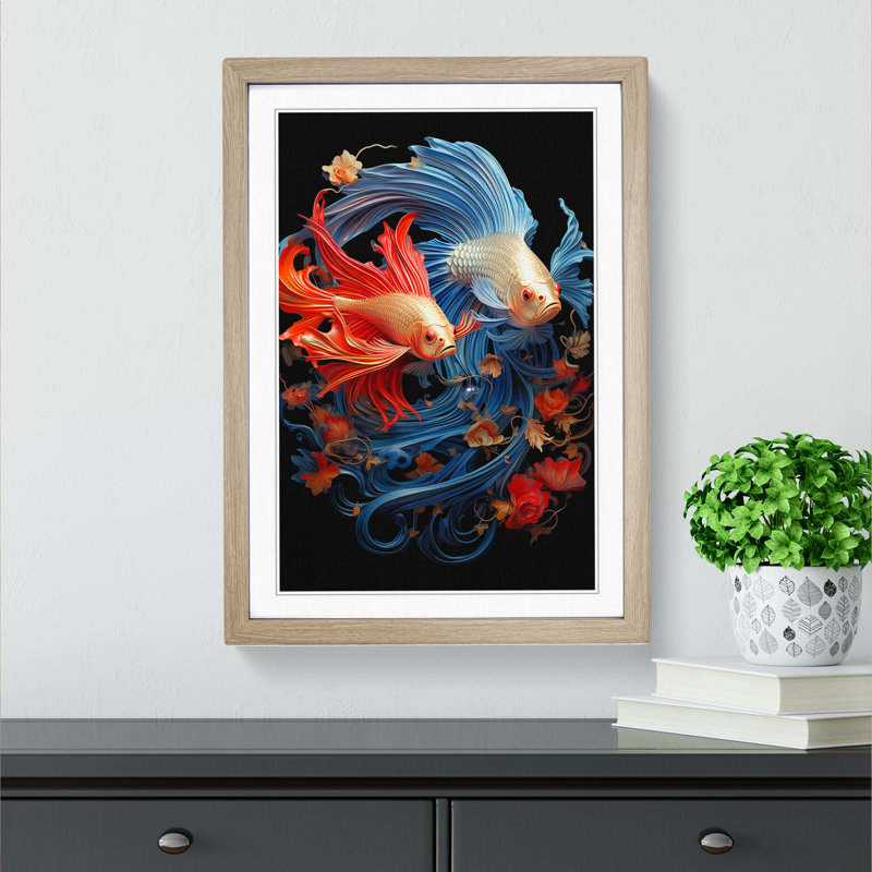 Siamese Fighting Fish Baroque - Single Picture Frame Print on Wood, Oak Framed, 34cm H x 25cm W