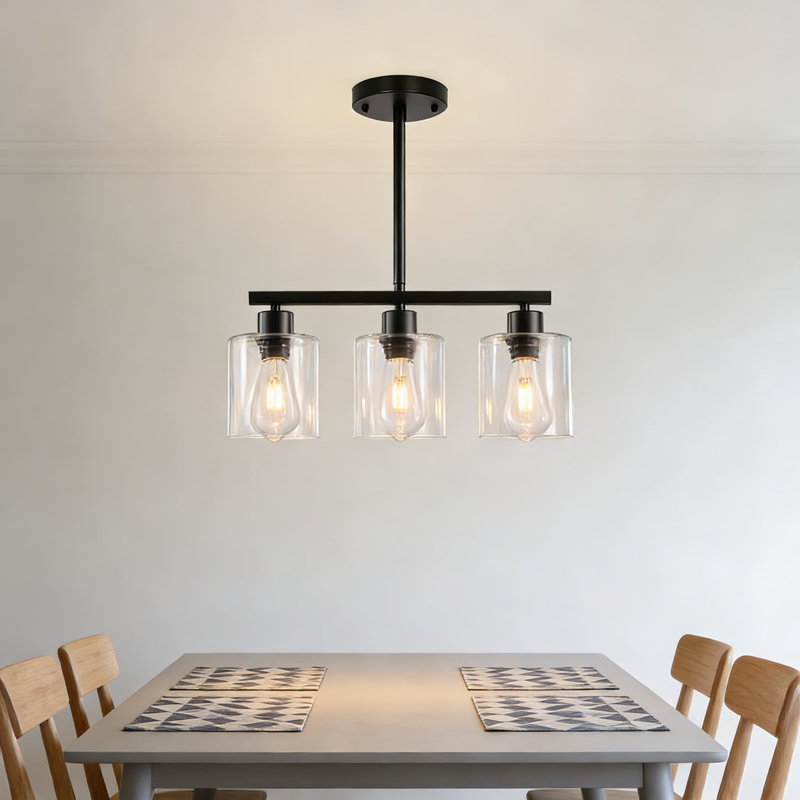 Luminaire suspendu 3 lumières pour îlot de cuisine et salle à manger, style campagne moderne avec abat-jour en verre transparent, hauteur réglable, base E26 compatible avec les ampoules à intensité variable