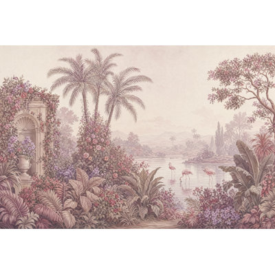 Papier peint tropical paysage mural flamants roses dans un lac de palmiers