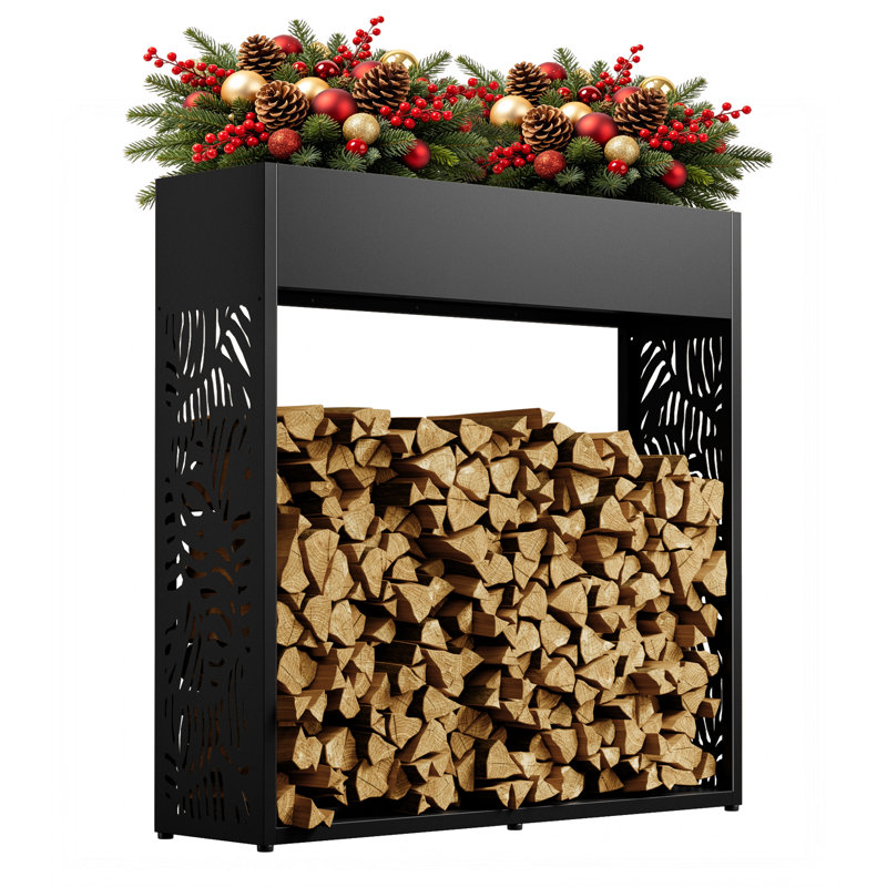 Range-bûches extra large de 112 cm (44,1 po) en acier galvanisé robuste avec grand bac à fleurs intégré