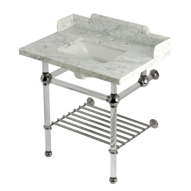 Kingston Brass Pemberton 30-Inch Carrara Marble Console Sink with Acrylic Legs and Shelf (8-Inch, 3-Hole), Polished Nickel
