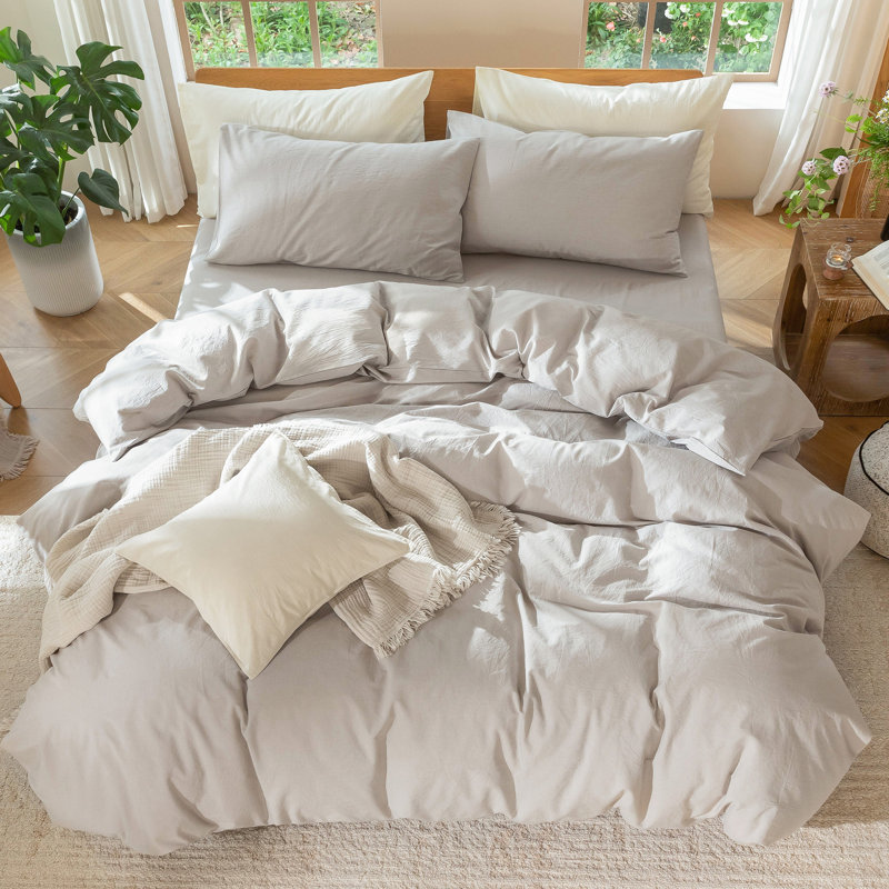 Ensemble de housse de couette 100% coton délavé MooMee, Housse de couette double + 2 taies d'oreiller stan, Gris crème
