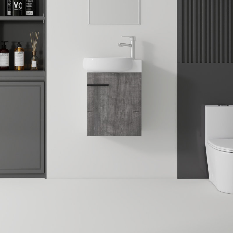 Meuble-lavabo suspendu de 40 cm avec lavabo intégré, porte à fermeture amortie, lavabo en céramique intégrée, meuble en contreplaqué, gris