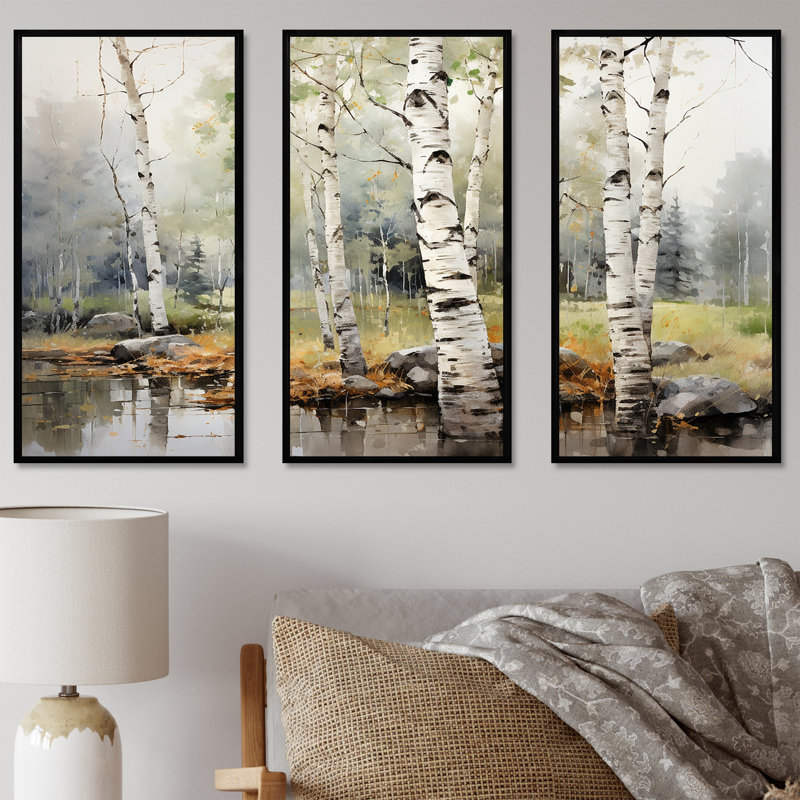 «Green Birch Wood Beauty I - Tree Birch», ensemble d'art sur toile, H 40 po x l 60 po x P 1 po, Cadre flottant noir
