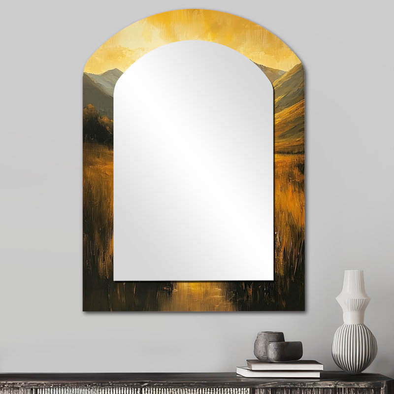 «Golden Light In The Valley» - grand miroir mural asymétrique «Mountains», miroir décoratif à arche jaune, impression sur métal