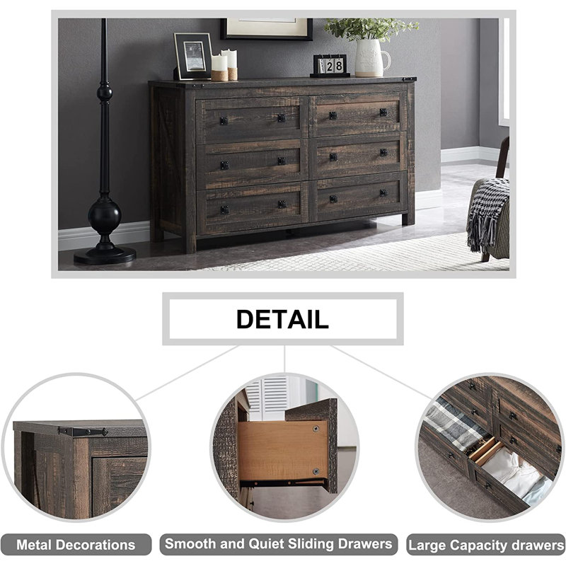 Grantville Farmhouse 6 - Drawers Double Dresser, Dark Rustic Oak