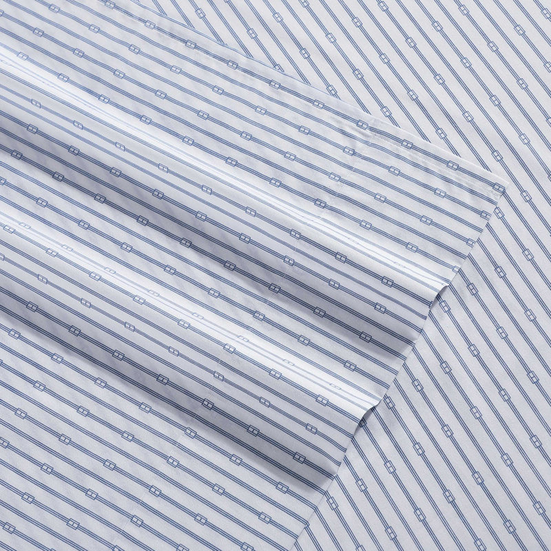 Ensemble de draps en coton percale Tommy Hilfiger, Monogramme rayé bleu, Ensemble de draps pour lit simple avec 1 taie d'or