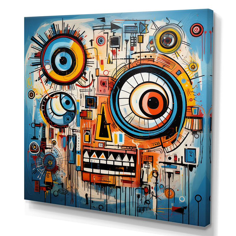 «Yellow and Blue Graffiti Art Eyes Chaos II», art mural abstrait, Toile tendue, H 16 po x l 16 po