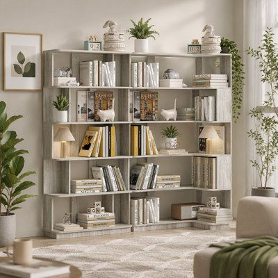 Bibliothèque d'angle peu encombrante de 90 cm + combinaison libre et extensible de 80 cm pour bibliothèque, ensemble de 2 tablettes de présentation, couleur gris clair et 4 autres couleurs optionnelles, meubles combinés et assortis
