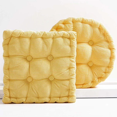 Set of 2 Ribbed Corduroy Floor Seat Pillows, 18 Inch Square & Round Tufted Meditation Cushions, Soft Thick Sitting Pad for Yoga Tatami Living Room Balcony, Yellow