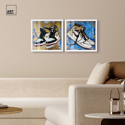 Gold Sky Sneakers Set Shadowbox Print Urban Sneaker Wall Art Set by Art Remedy, White Frame, 16 x 16