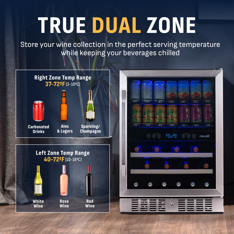 Newair 24" Built-in Dual Zone 20 Bottle and 70 Can Wine and Beverage Fridge
