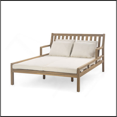 Lit de jour d'extérieur, lit de jour de patio avec quatre coussins, lit d'extérieur en bois avec accoudoirs courbés pour la piscine, la cour, le jardin (teck clair + coussin beige)