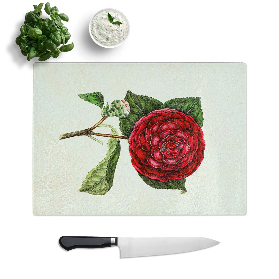 Glass Illustration of A Red Japanese Camellia Chopping Board