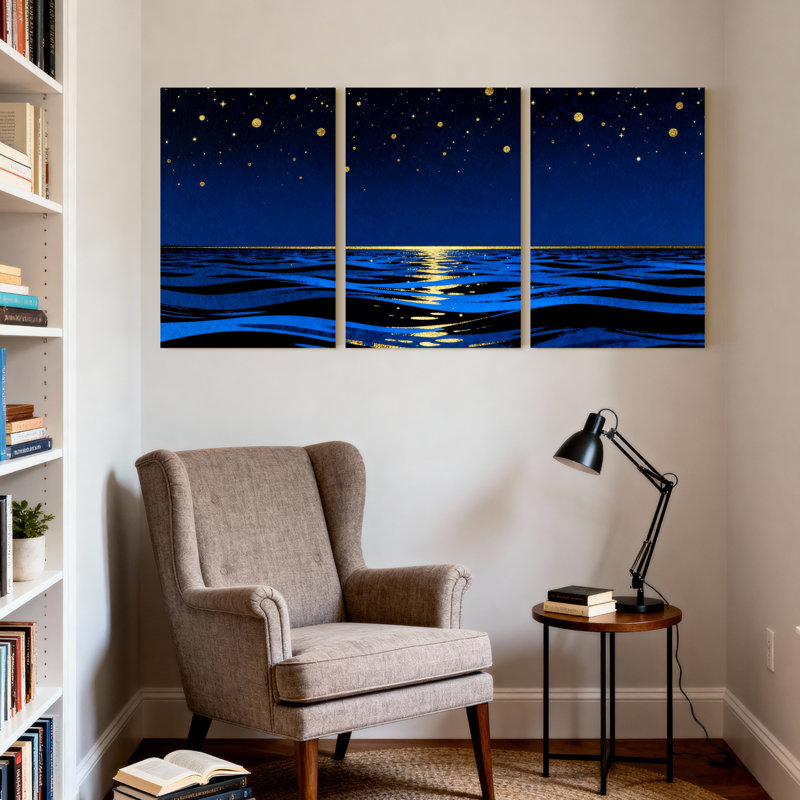 Ensemble de 3 impressions sur toile, "Night Sky Stars Reflecting On Water Surface", 18" H x 36" W