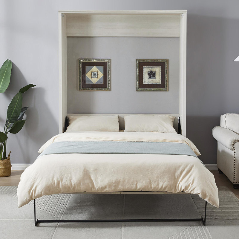 Grand lit escamotable semi-fermé et ouvert grand format, idéal pour la chambre d'amis, pour la chambre à coucher, la chambre d'amis, le bureau personnel, le blanc rustique
