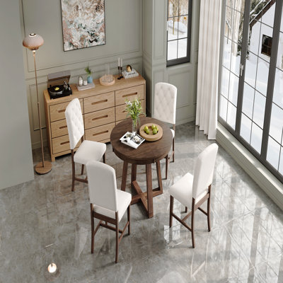 5-Piece Retro Functional Dining Set, Round Table With A 16"W Leaf And 4 Upholstered Chairs For Dining Room And Living Room (Walnut)