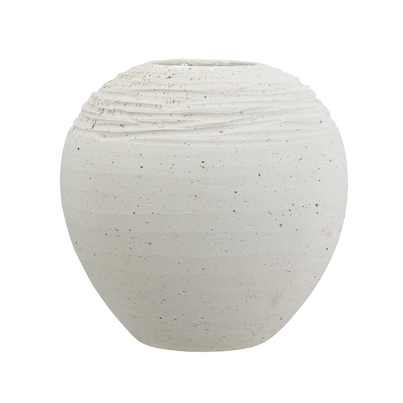 Round Hand-Pulled Ceramic Vase With Speckled White Finish, 8.7" H x 9.1" W x 9.1" D