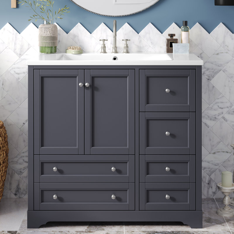 Meuble-lavabo simple 36 po avec plateau en résine, Bleu gris