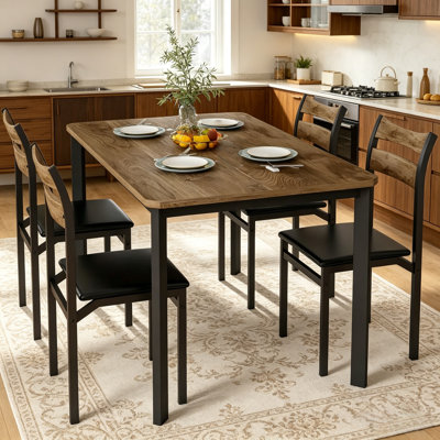 Industrial 4-Person Dining Set With Padded Faux Leather Chairs, Rustic Wood Grain Rectangular Kitchen Table & 4 Ergonomic Backrest Chairs, Sturdy Meta