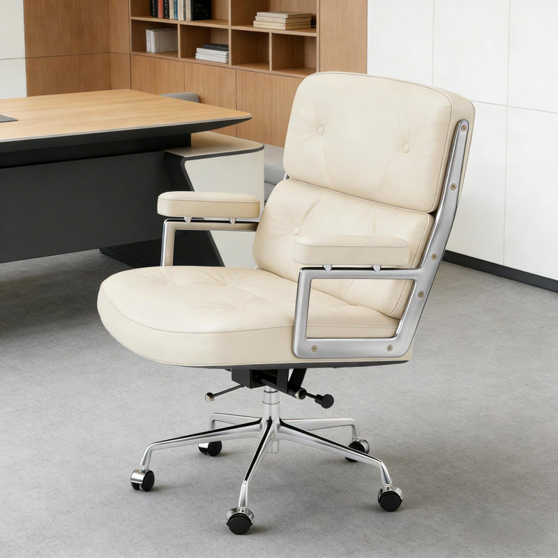 Fauteuil de direction en cuir véritable à dossier moyen avec structure en aluminium, Cuir véritable crème