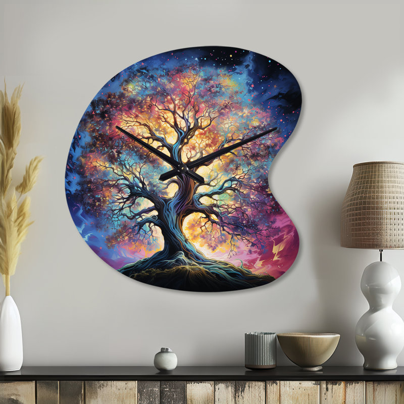 Arbre de chêne coloré, force éternelle I - horloges asymétriques traditionnelles en métal, impression d'horloge murale en métal Freeform