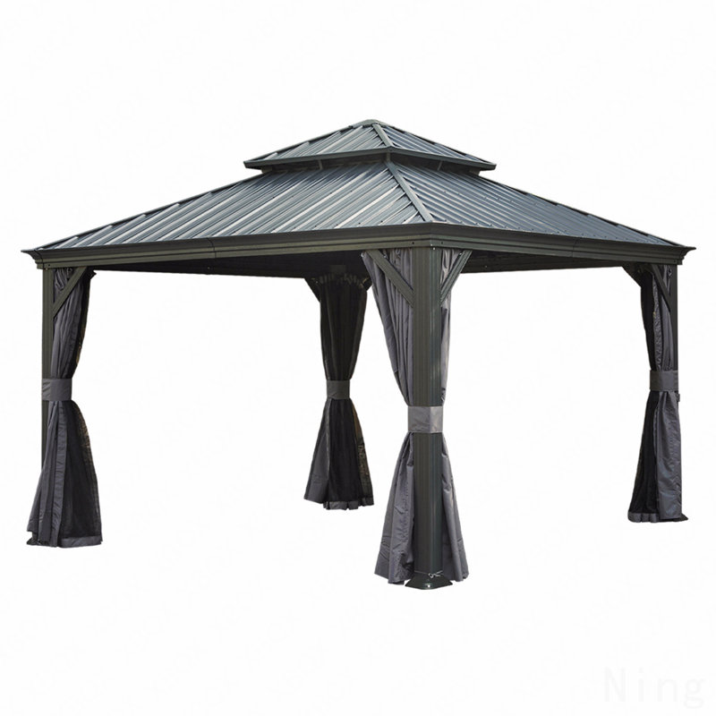 12X12FT Gazebo Metal, Mosquito Net For Outdoor Use With Galvanized Steel Double Roof & Drainage System (Grey), Gray
