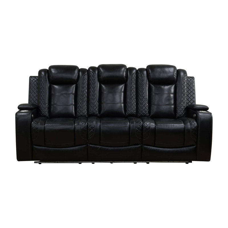 Opal Black Vegan Leather Power Reclining Sofa Set With LED Lights,USB&Wireless Charging,Armrest Storage Compartment And Cup Holders