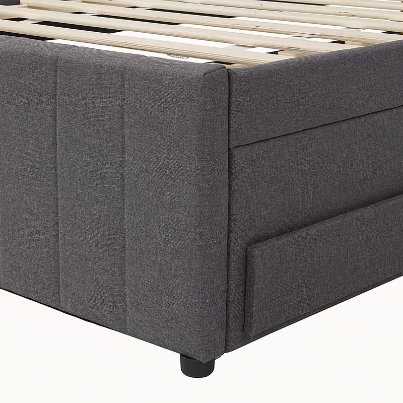 Lit plateforme tapissier simple avec lit gigogne et 3 tiroirs, tissu en lin, gris, Gris