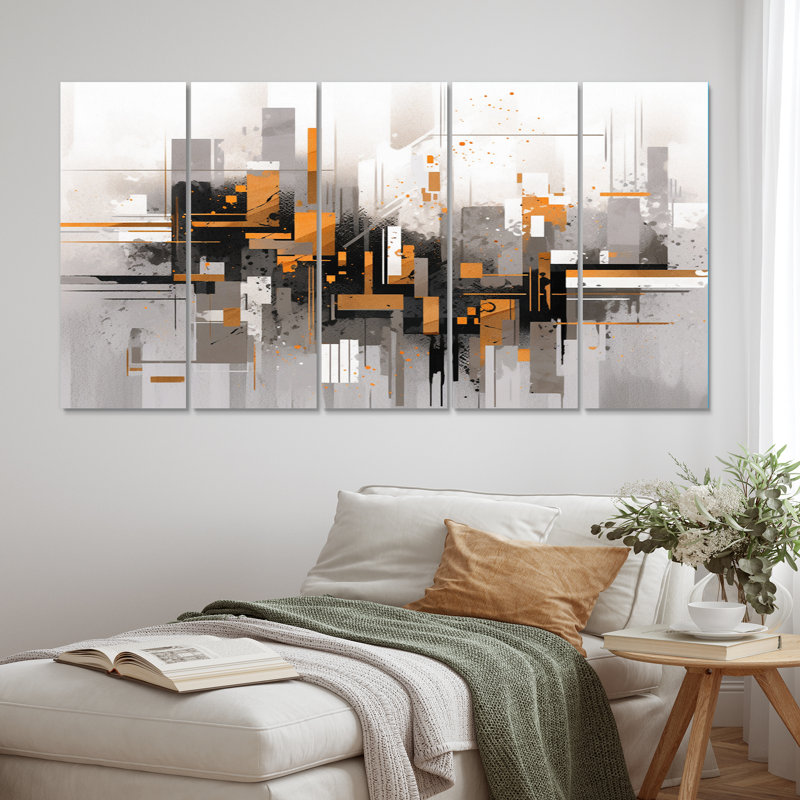 Orange Grey Bold Stripes - Cubism Wall Decor - 5 Equal Panels