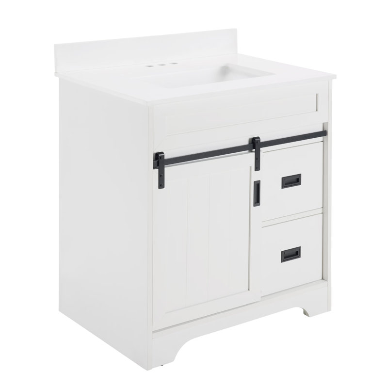 Meuble-lavabo 30 po avec lavabo simple, meuble-lavabo sous-comptoir Farmhouse avec portes de grange coulissantes et 2 tiroirs, meuble-lavabo autoportant, blanc