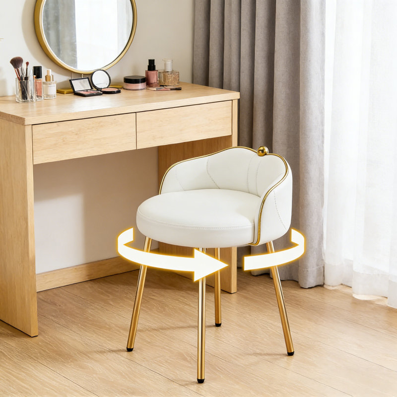 360° Swivel Vanity Chair with Low Back Accent Stool Makeup Chair for Bedroom Bathroom and Living Room, White